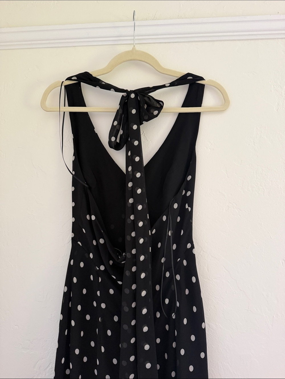 Polka Dot Black Maxi Dress with Tie Back - Picture 6 of 7